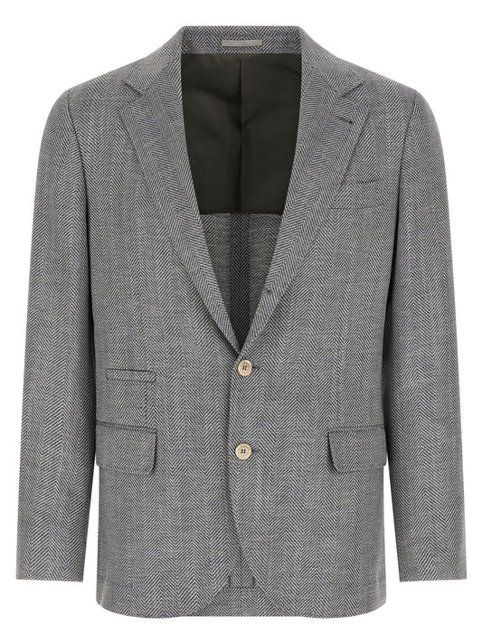Brunello Cucinelli Men's Single Breasted Silk Cupro & Alpaca Wool Blazer - Gray Horn Natural Chevron