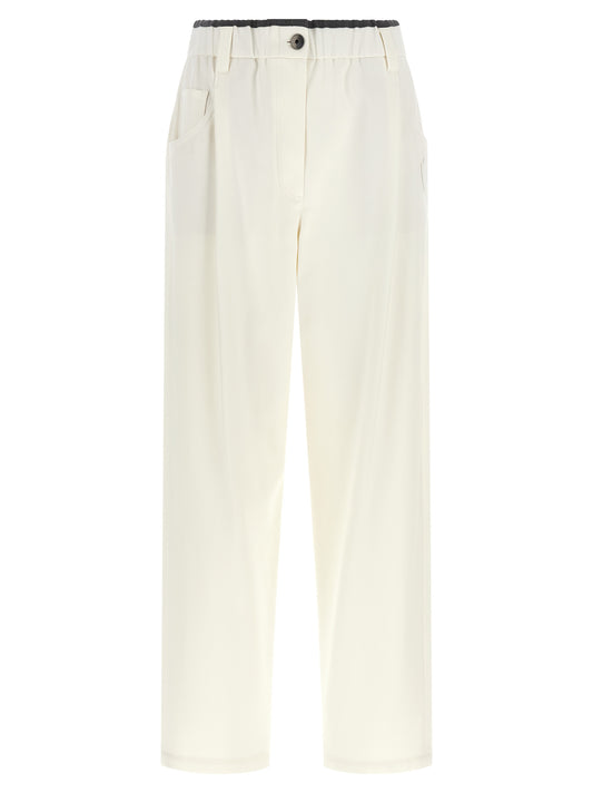 Trousers by Brunello Cucinelli for women in cotton white & signature presents a smart silhouette, meticulously detailed with a smart straight-leg & relaxed-fit, a smart long, and a smart .