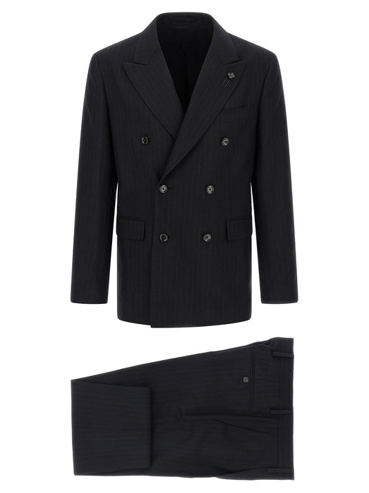 Pant Suit by Lardini for men in virgin wool blue, dark-gray, patterned & pinstripe features a tailored silhouette, showcasing a sophisticated and tailored wide for a refined, professional look.