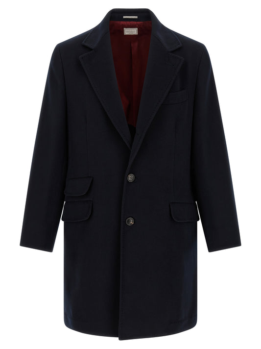 Overcoat by Brunello Cucinelli for men in beaver hair & virgin wool blue, burgundy & horn features an satoral silhouette, showcasing a sophisticated and satoral pockets for a premium, timeless look.