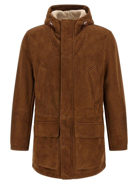 Hooded Parka by Brunello Cucinelli for men in suede lamb leather brown features an avant garde silhouette, showcasing refined thermal, pockets & hooded and a sophisticated hooded neckline for a polished look.