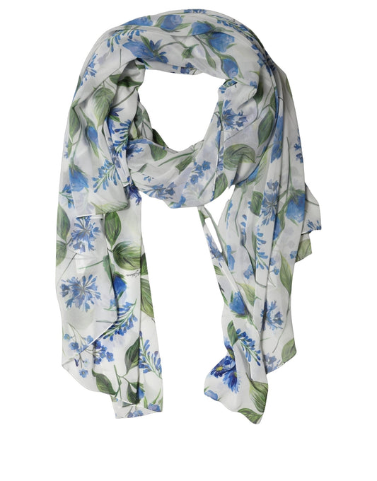 Scarf by Dolce & Gabbana for women in polyester blue, white, floral & print features a timeless silhouette, artfully capturing the essence of the timeless Polyester Stole Scarf design for a sophisticated look.
