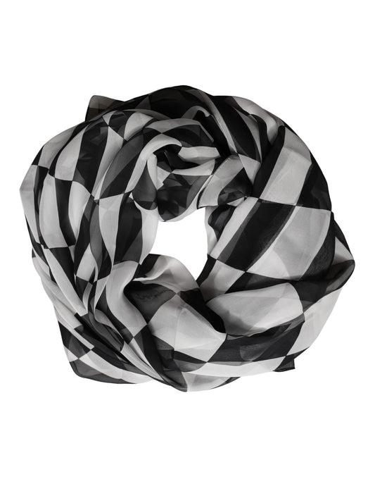 Scarf by Dolce & Gabbana for women in silk black, white, patterned & checkered features a timeless silhouette, artfully capturing the essence of the timeless Silk Foulard Scarf design for a sophisticated look.