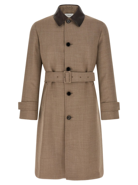 Trench Coat by Lardini for men in virgin wool & leather beige showcases a contemporary silhouette, detailed with a contemporary split neckline and distinctive pockets for a truly contemporary finish.