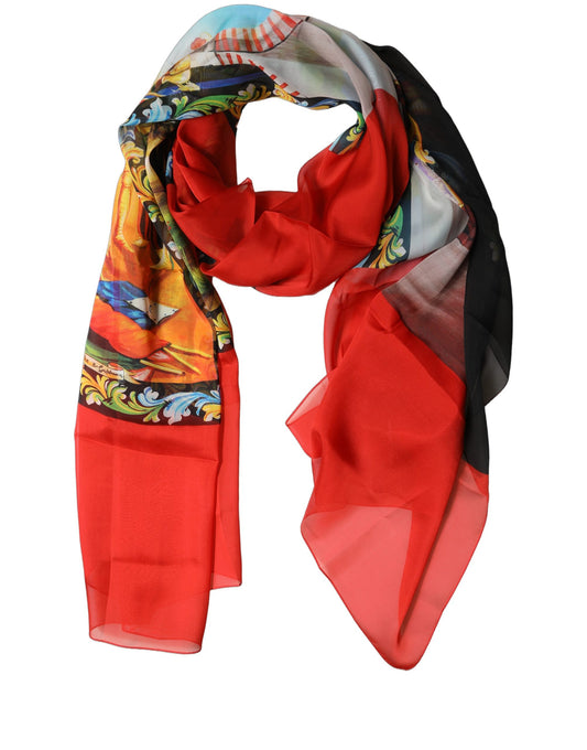 Scarf by Dolce & Gabbana for women in silk multicolor & patterned features a timeless silhouette, artfully capturing the essence of the timeless Silk Rectangular Stole Scarf design for a sophisticated look.