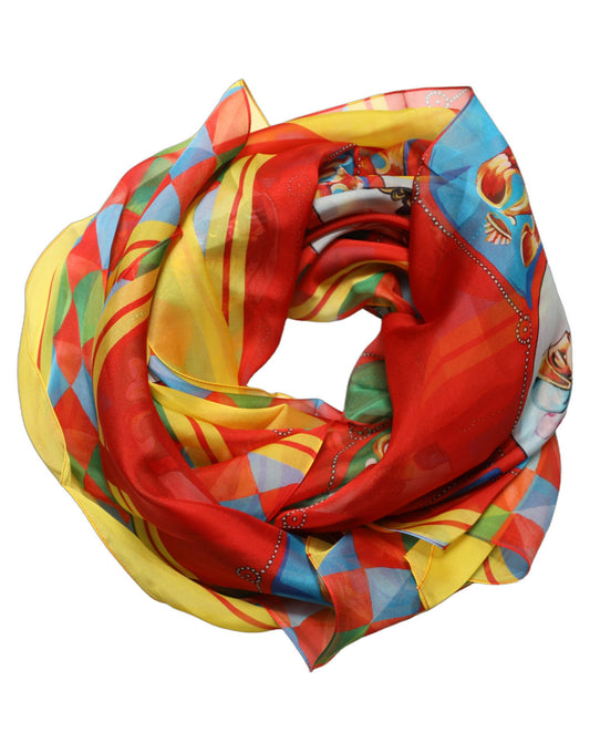 Scarf by Dolce & Gabbana for women in silk blue, multicolor, red, yellow & print showcases a warm silhouette from the Silk Foulard Square Scarf collection, offering a warm drape that exudes sophisticated luxury.