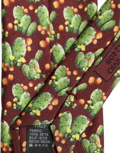 Dolce & Gabbana Maroon Silk Cactus Floral Adjustable Tied Men Necktie Tie