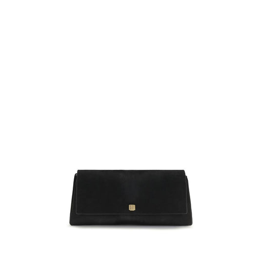 Flap Clutch Handbag by Khaite for women in bos taurus suede calfskin leather black features a architectural silhouette, showcasing a secure flap & magnetic, ample cardholder, and versatile for a architectural finish.