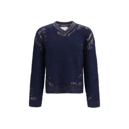 Maison Margiela Men's Regular Fit V Neck Cotton Polyamide & Merino Wool Sweatshirt - Blue