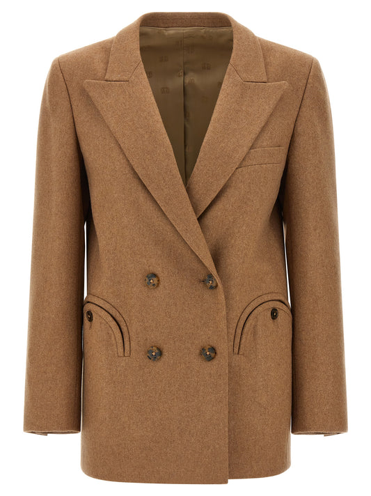 Blazer by Blazé Milano for women in cashmere viscose & virgin wool beige, signature & monogram showcases a discerning silhouette, elegantly detailed with a sophisticated split neckline and premium for a truly discerning finish.