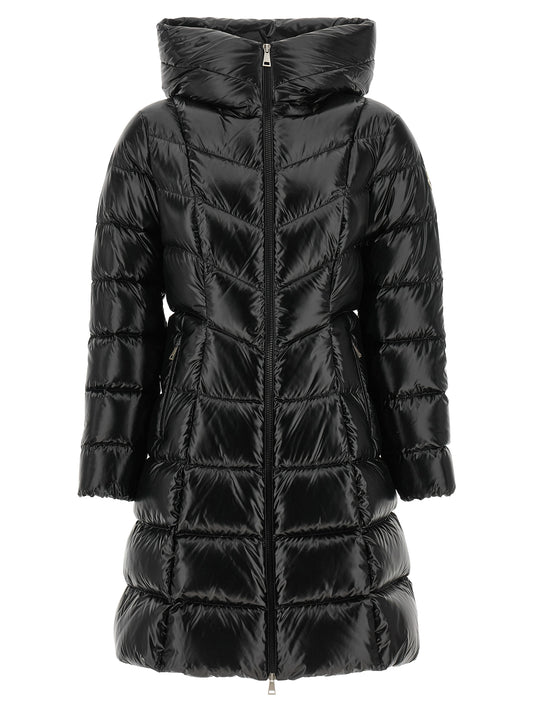 Puffer Jacket by Moncler for women in polyamide felt black, patterned & chevron presents a effortlessly chic silhouette, showcasing a sophisticated wrap high-neck neckline and premium pockets & insulated for a truly effortlessly chic finish.
