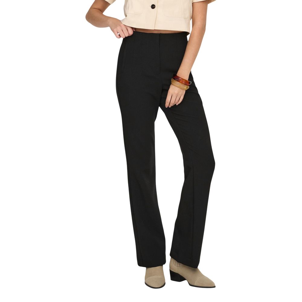 Trousers by Only for women in stretch polyester & viscose black presents a perennial silhouette, meticulously tailored with a flared cut, long finish, and an elegant high rise.