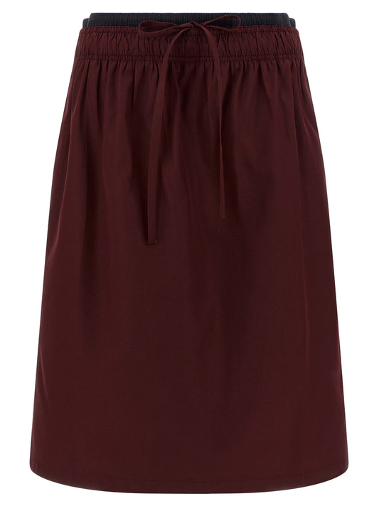 Skirt by Prada for women in polyester bordeaux showcases a dramatic silhouette, artfully capturing the essence of the Women's Flared Polyester Midi Skirt in a dramatic midi cut for a refined look.