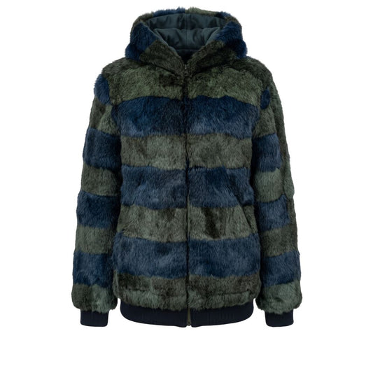 This Hooded Bomber Jacket by Mr&Mrs Italy for women in cotton polyester plush & rabbit fur bicolour, green & striped exhibits a edgy silhouette, meticulously detailed with functional hooded and a edgy hooded neckline for a edgy finish.