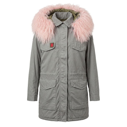 Hooded Parka by Mr&Mrs Italy for women in cotton fur polyester & leather multicolor & pink features a stylish silhouette, meticulously detailed with a sophisticated wrap hooded neckline and functional pockets & hooded for a stylish finish.