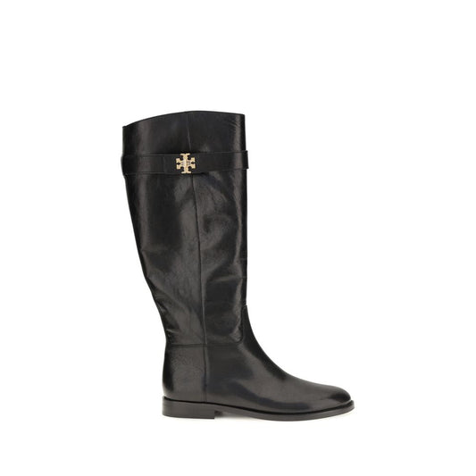 Lace-Up High Knee-High Riding Strap Boots by Tory Burch for women in bos taurus calfskin nappa leather & denim black & signature features an dynamic silhouette, showcasing the dynamic City Women's Bos Taurus Calfskin Nappa Leather & Denim Lace-Up High Knee-High Riding Strap Boots design with its distinctive and elegant .