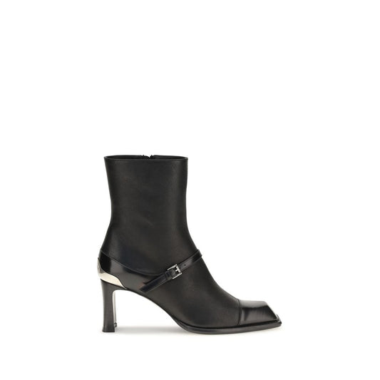 Ankle Strap Boots by Alexander McQueen for women in lamb leather black features an dynamic silhouette, showcasing the dynamic Women's Lamb Leather Ankle Strap Boots design with its distinctive block-heel and elegant square toe style.