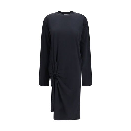 Dress by Balenciaga for women in cotton black features an eye catching silhouette with a sophisticated round asymmetric neckline, elegant long-sleeve, and a refined midi for a eye catching aesthetic.