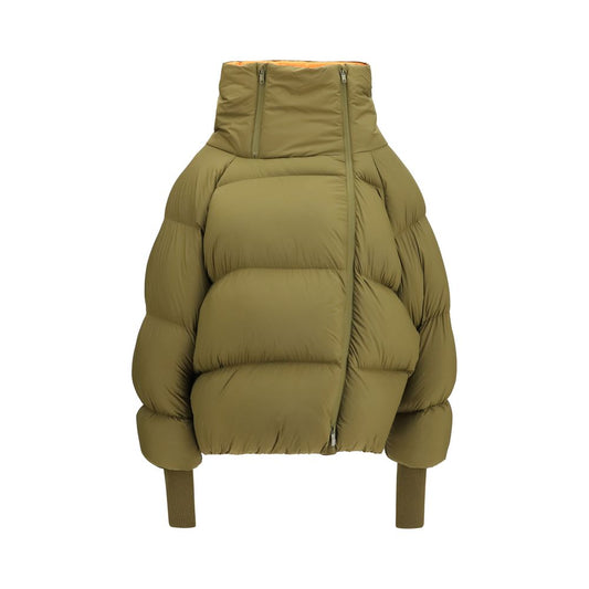 Puffer Jacket by Ganni for women in polyamide & duck down bicolour features a city-ready silhouette, detailed with pockets & insulated and a city-ready asymmetric high-collar high-neck neckline.