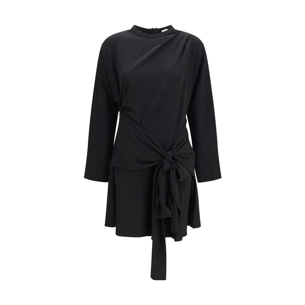 Dress by Ganni for women in polyester crepe & elastane black features an cute silhouette, detailed with a long-sleeve and round neckline that elegantly flows into a cute short mini.