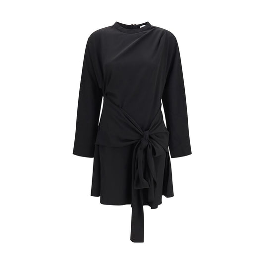 Dress by Ganni for women in polyester crepe & elastane black features an cute silhouette, detailed with a long-sleeve and round neckline that elegantly flows into a cute short mini.