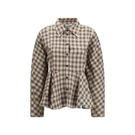 Blouse by Ganni for women in cotton flannel beige & patterned presents a discerning silhouette, showcasing a sophisticated and for a truly discerning finish.