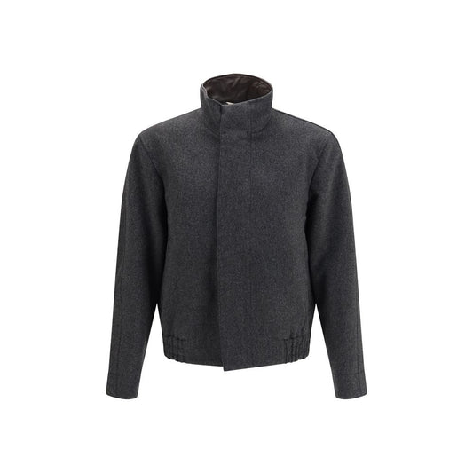 Bomber Jacket by Lardini for men in leather & wool gray showcases a bohemian silhouette, artfully detailed with a bohemian and signature pockets for a truly bohemian finish.