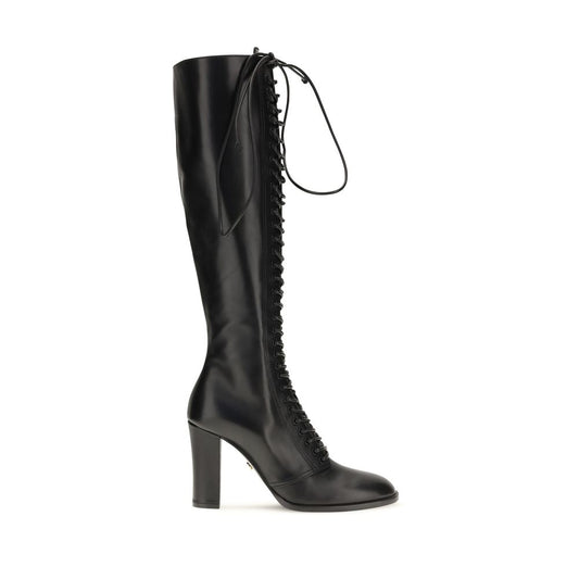 Lace-Up High Knee-High Boots by Dolce & Gabbana for women in bos taurus calf leather black, gold & signature features an high-performance silhouette, showcasing the sophisticated design of the Women's Bos Taurus Calf Leather Lace-Up High Knee-High Boots with a and a refined .