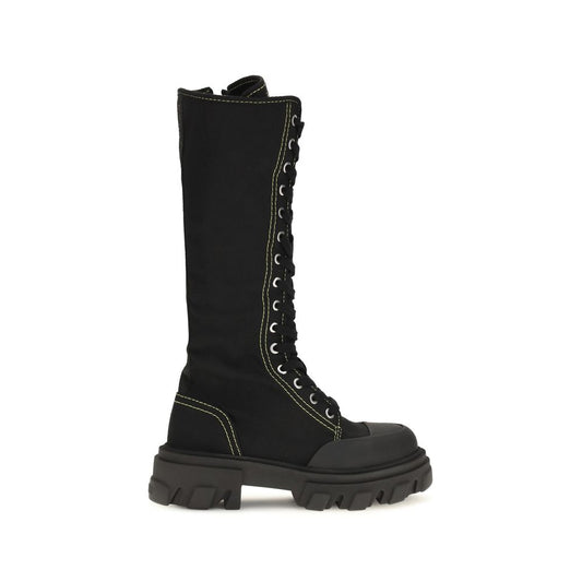 Lace-Up Boots by Ganni for women in cotton metal & rubber black showcases a ergonomic silhouette from the Women's Cotton Metal & Rubber Lace-Up Boots collection, featuring a ergonomic and a ergonomic .