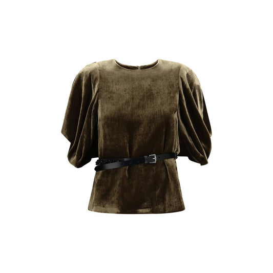 Shirt by P.A.R.O.S.H. for women in viscose silk velvet brown showcases a sharp silhouette, elegantly detailed with a sharp crew neckline and sharp .