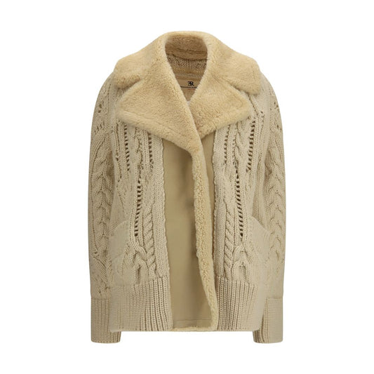 Ermanno Scervino Women's Regular Fit V Neck Fur Suede Leather & Virgin Wool Sweatshirt - Beige