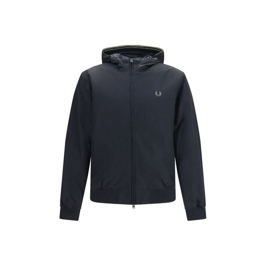 Hooded Windbreaker Jacket by Fred Perry for men in polyamide black, signature & striped features an perennial silhouette with a refined hooded neckline and perennial pockets, hooded & windproof for a sophisticated weather-resistant look.