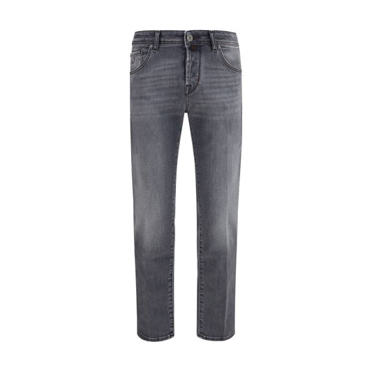 Jeans by Jacob Cohen for men in stretch denim cotton gray features a polished silhouette with a polished straight-leg & slim, reaching a polished long and finished with a polished mid rise.