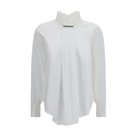Blouse by Brunello Cucinelli for women in stretch polyamide cotton white showcases a sharp silhouette, elegantly detailed with a sharp high-neck neckline and sharp long-sleeve.