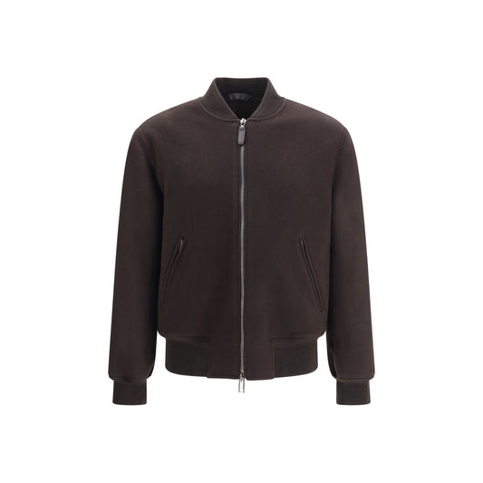 Bomber Jacket by Brioni for men in cashmere & merino wool brown & silver features a dramatic silhouette, showcasing a sophisticated and distinctive pockets for a dramatic aesthetic.