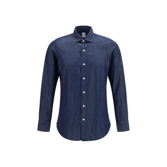 Shirt by Finamore for men in denim cotton blue showcases a sharp silhouette, elegantly detailed with a sharp and sharp long-sleeve.
