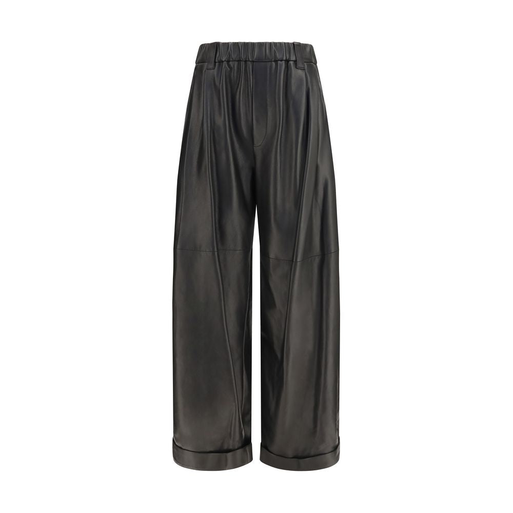 Pants by Brunello Cucinelli for women in nappa leather black & natural features a stylish silhouette with a stylish relaxed-fit, regular-fit & wide, long, and .