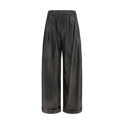 Pants by Brunello Cucinelli for women in nappa leather black & natural features a stylish silhouette with a stylish relaxed-fit, regular-fit & wide, long, and .