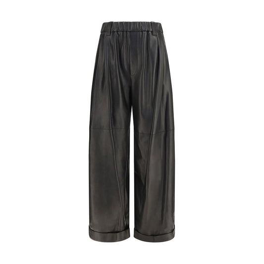 Pants by Brunello Cucinelli for women in nappa leather black & natural features a stylish silhouette with a stylish relaxed-fit, regular-fit & wide, long, and .