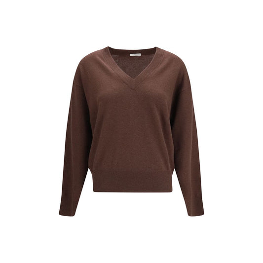 Sweater by Brunello Cucinelli for women in cashmere brown features an polished silhouette, showcasing refined long-sleeve and a sophisticated v-neck neckline for a truly polished finish.