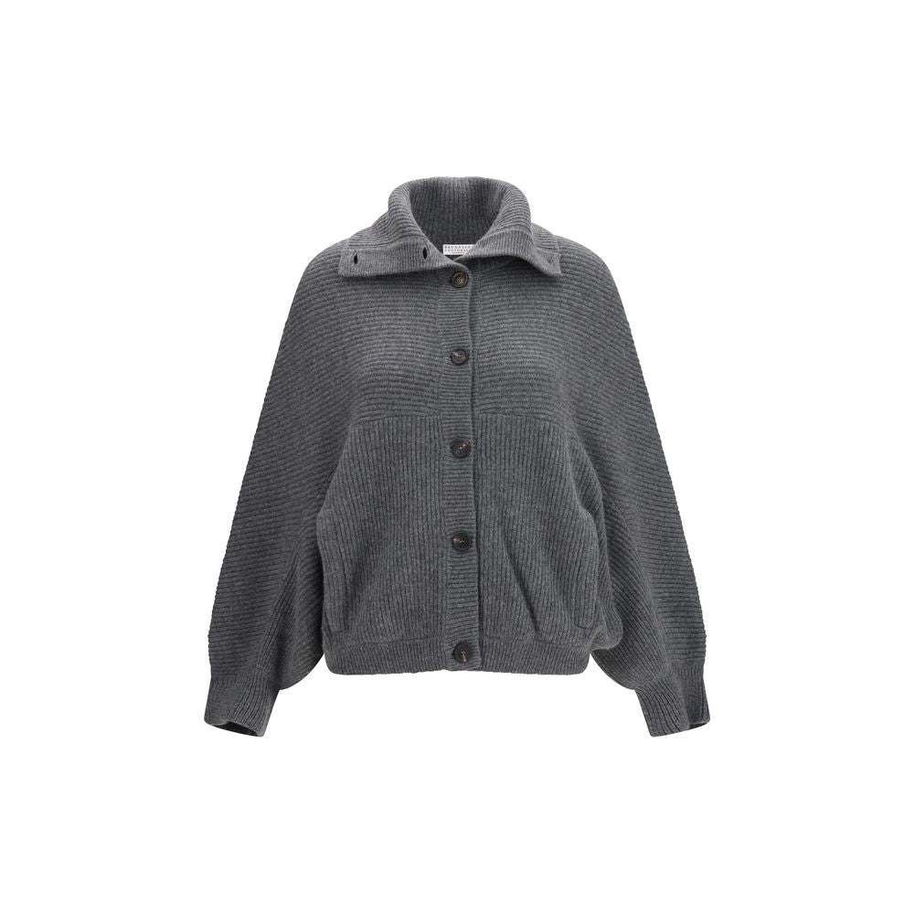 Cardigan by Brunello Cucinelli for women in cashmere gray presents a textural silhouette, artfully finished with a textural high-neck neckline and for a sophisticated, textural look.