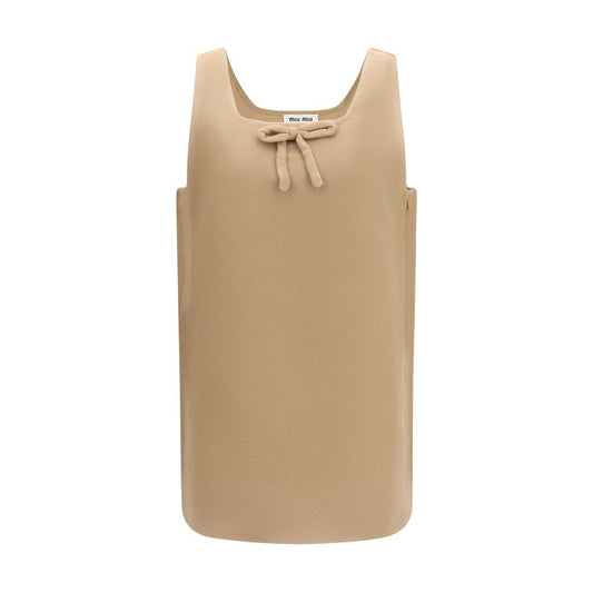 Dress by Miu Miu for women in wool beige & signature features an sultry silhouette defined by a round neckline and sleeveless, falling to an sultry short for a sultry look.
