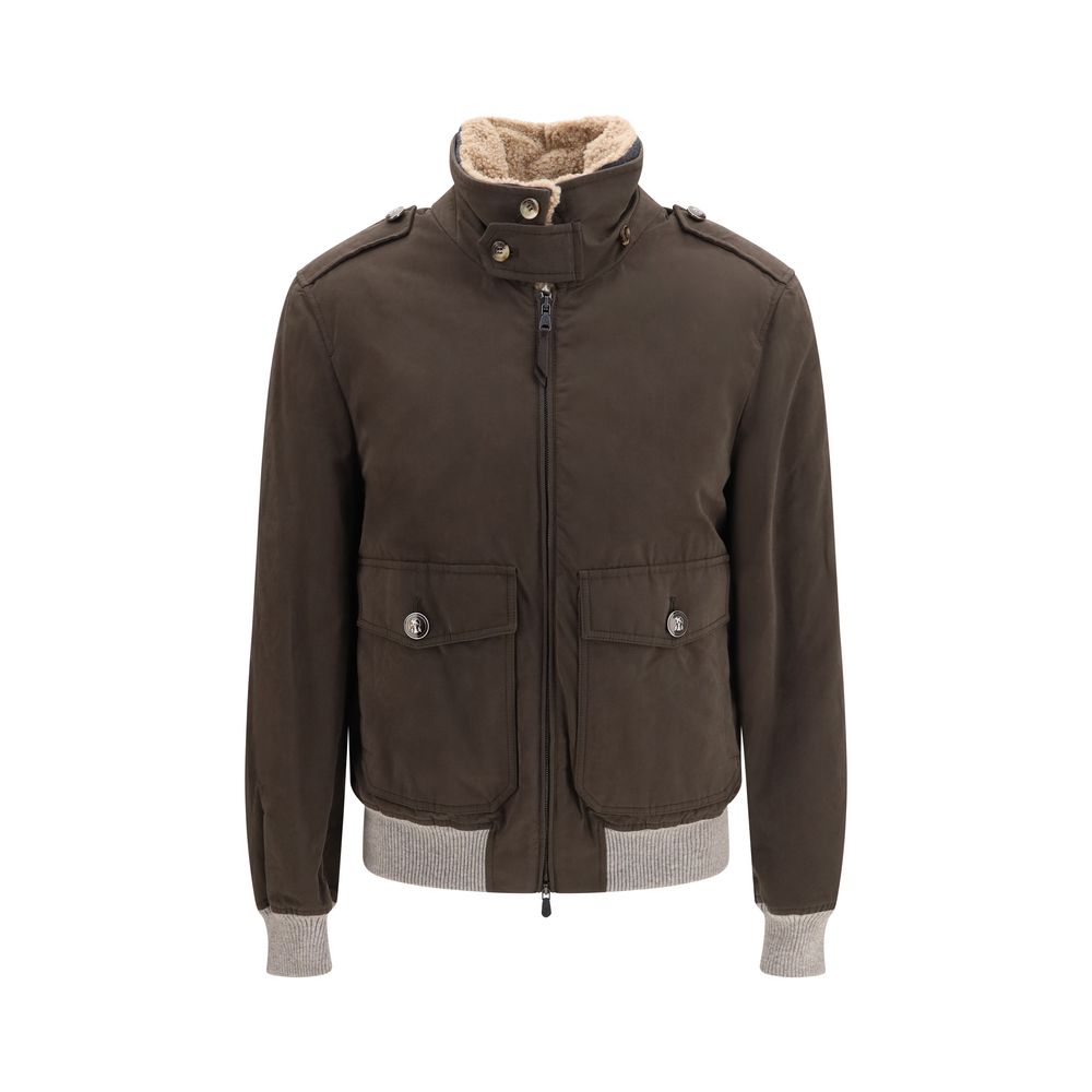 Brunello Cucinelli Men's Lightweight Cotton Polyamide Polyester & Plush Bomber Jacket - Brown