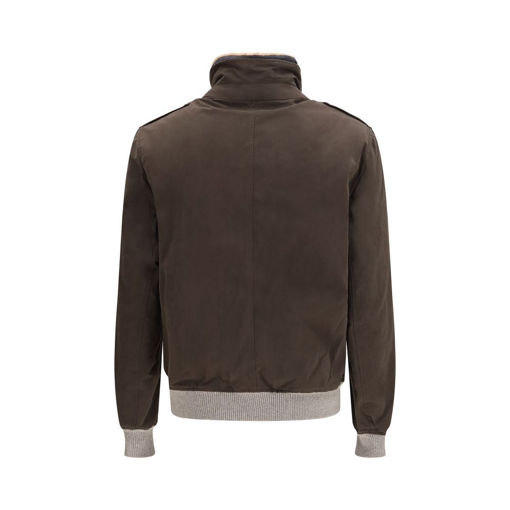 Brunello Cucinelli Men's Lightweight Cotton Polyamide Polyester & Plush Bomber Jacket - Brown