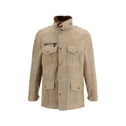 Overcoat by Brunello Cucinelli for men in plush suede lambskin & sheep leather beige presents a luxurious silhouette, showcasing a luxurious and sophisticated pockets for a premium, luxurious look.