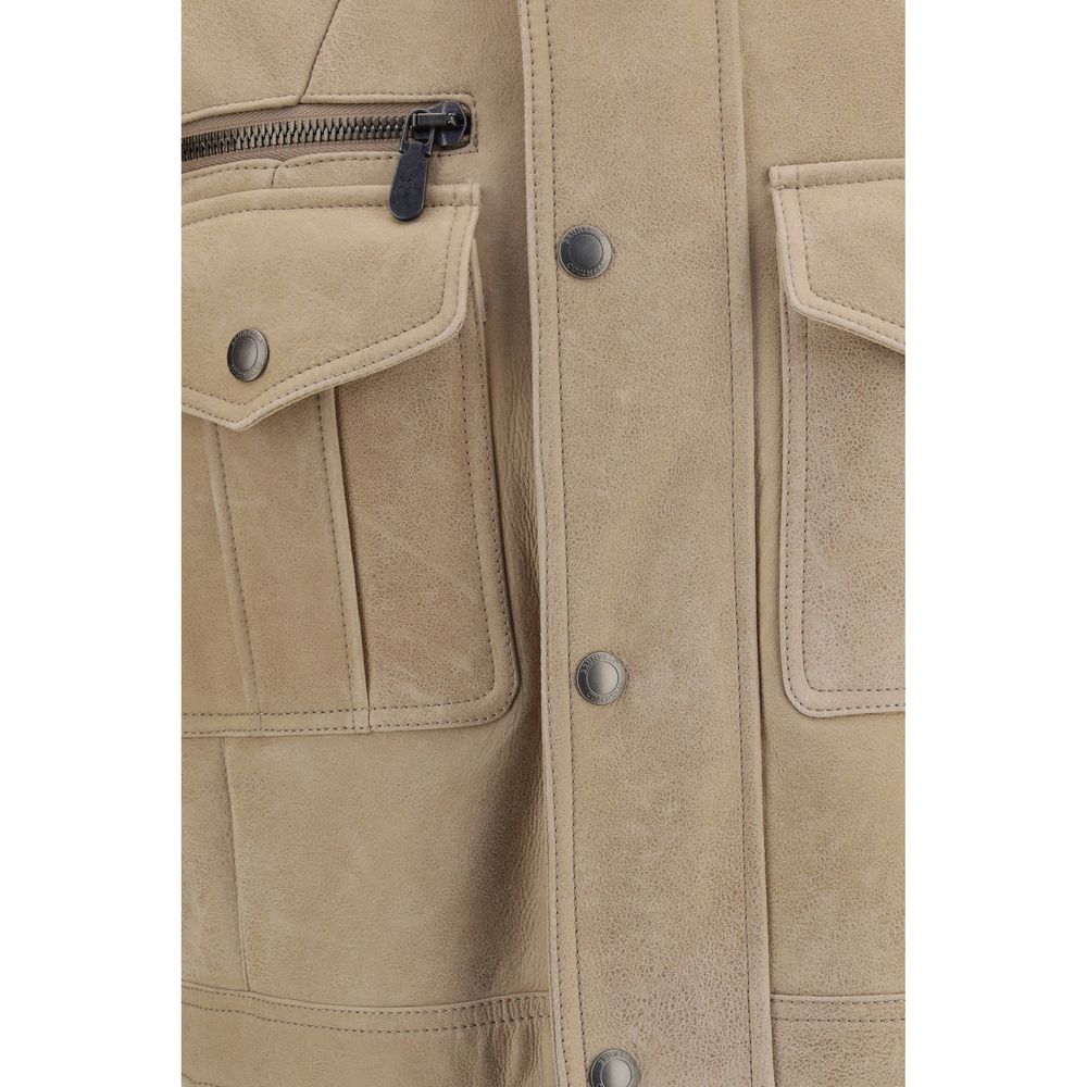 Overcoat by Brunello Cucinelli for men in plush suede lambskin & sheep leather beige features an satoral silhouette, showcasing a sophisticated and satoral pockets for a premium, timeless look.