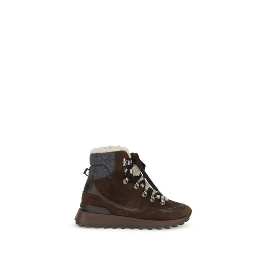 Lace-Up Ankle Boots by Brunello Cucinelli for women in suede calf leather & wool brown, silver & signature features an avant-garde Women's Suede Calf Leather & Wool Lace-Up Ankle Boots silhouette, defined by a sophisticated and a avant-garde .