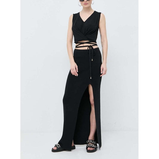 Dress by Patrizia Pepe for women in cotton flax & nylon black features a dramatic silhouette, showcasing an elegant and sleeveless that flows into a dramatic long.