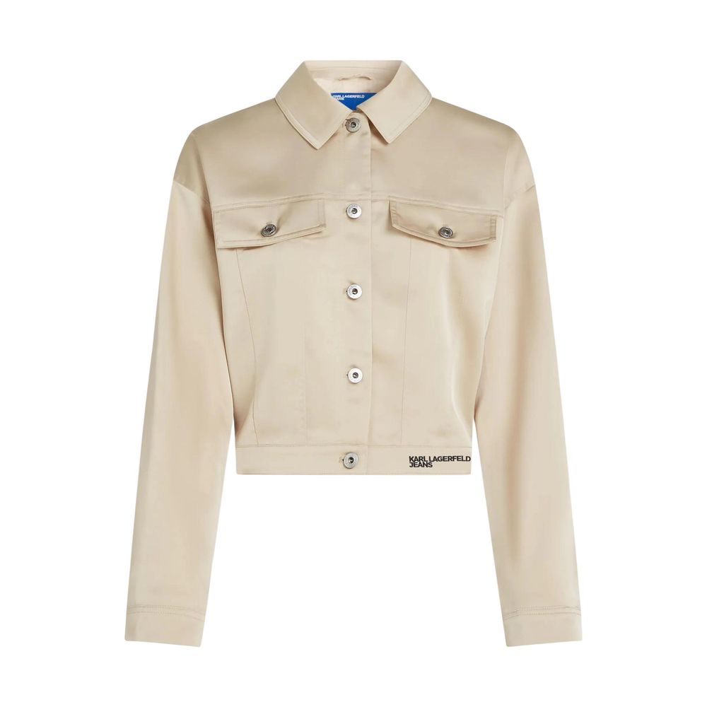 Overcoat by Karl Lagerfeld for women in polyester satin beige features a contemporary silhouette showcasing a contemporary and refined lightweight & pockets for a sophisticated finish.