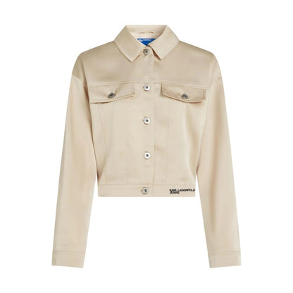 Overcoat by Karl Lagerfeld for women in polyester satin beige features a contemporary silhouette showcasing a contemporary and refined lightweight & pockets for a sophisticated finish.